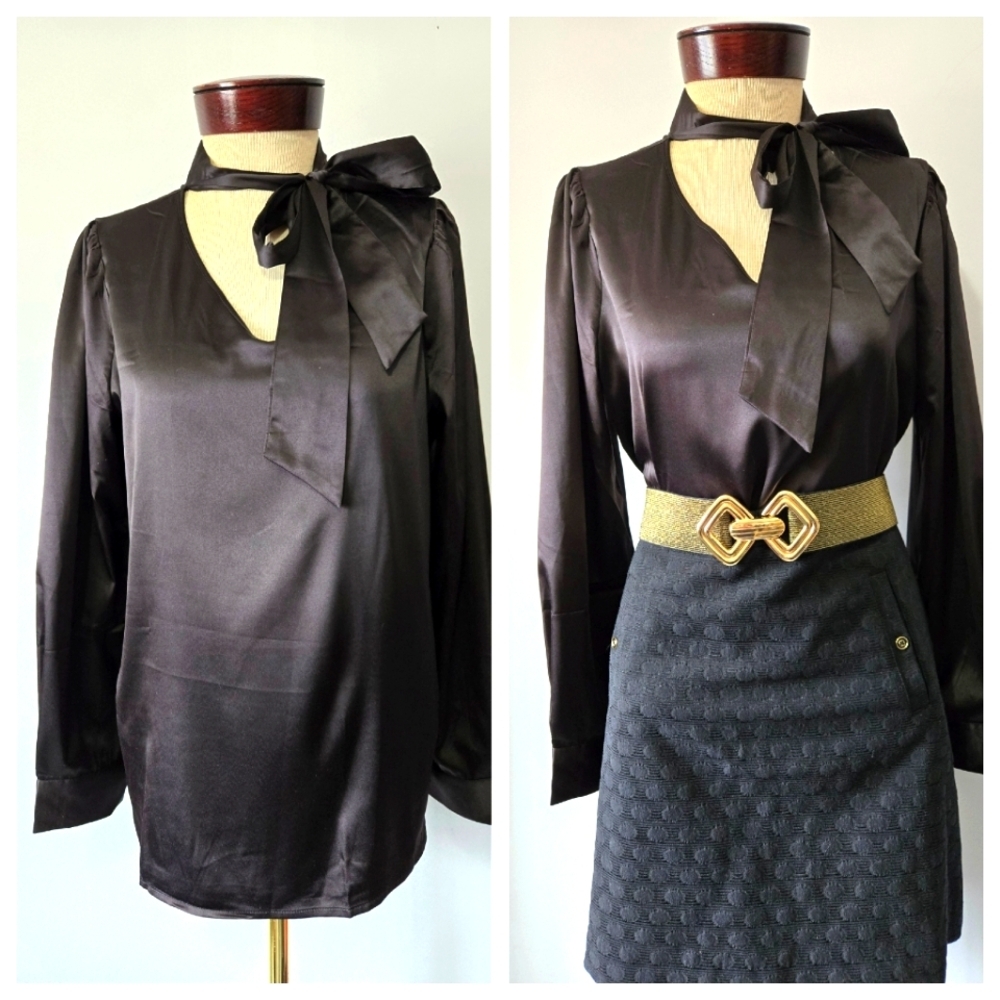 Grace Karin NWT Black Satin Blouse with Neck Bow. Size Medium